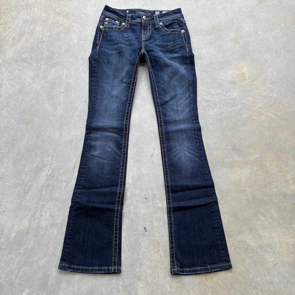 MISS ME Women's Size 25 x 34 Embellished Dark Wash Mid Rise Boot Jeans Jewels